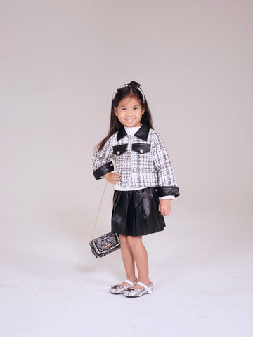 White Tweed Jacket Leather Skirt