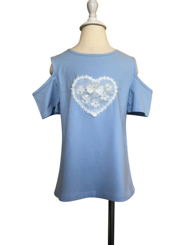 FINAL SALE! Blue Flower Heart Cold Shoulder Top