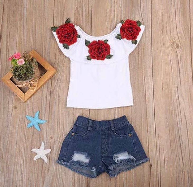 Rose Embroidered Shirt with Distressed Jean Shorts