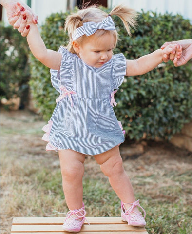 Rufflebutts Blue Seersucker Ruffle Romper