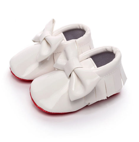 Red Bottom Patent Leather Bow Baby Moccasins Moccs-White