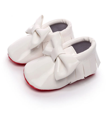 Red Bottom Patent Leather Bow Baby Moccasins Moccs-White