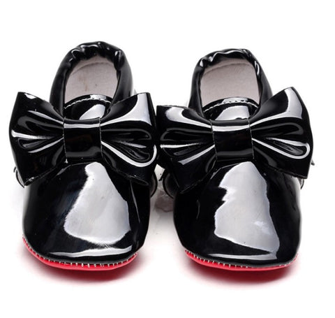 Red Bottom Patent Leather Bow Moccasins Moccs- Black