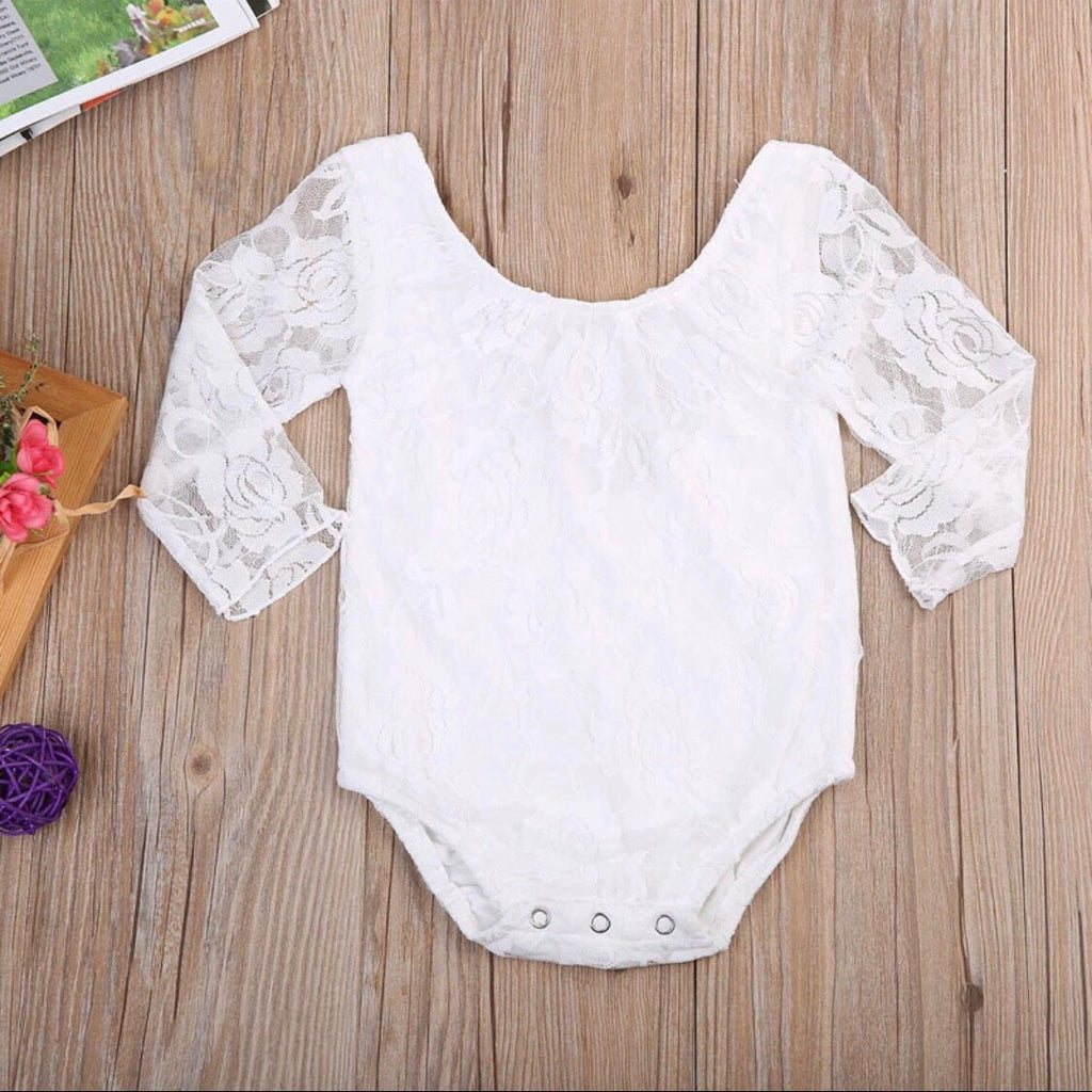 Long Sleeve White Lace Onesie For Baby Girl Lace Sleeve Natasa Studio